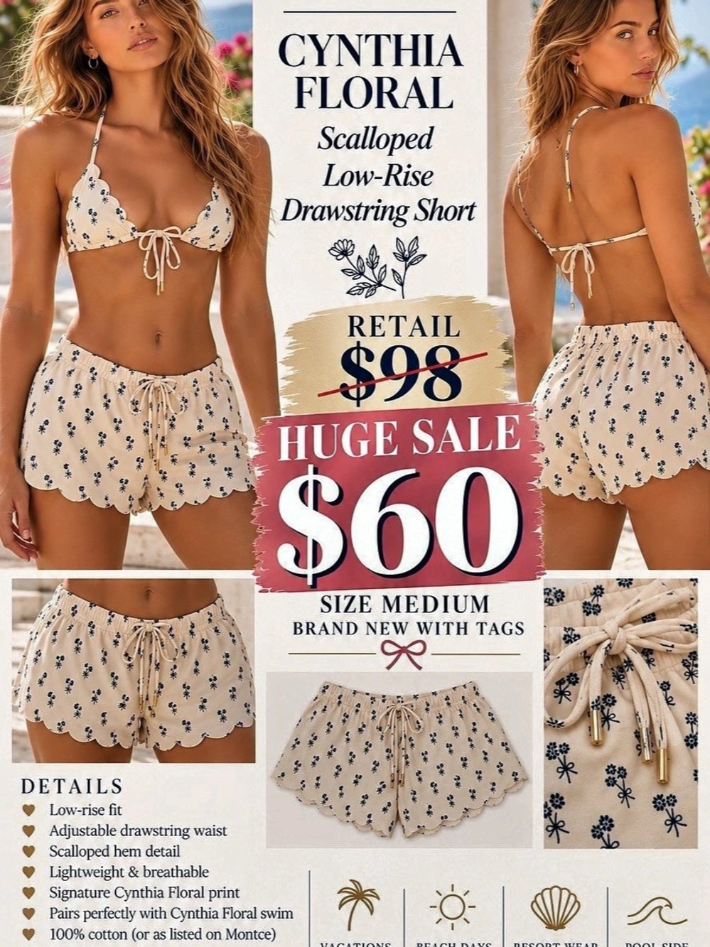 Montce Cynthia Floral Scalloped Low-Rise Drawstring Short Drawstring Shorts medi